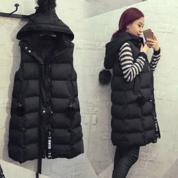 Waistcoats Autumn Winter Women Black Hooded Long Parkas Vest Fashion Warm Black Hooded Down Coat Parka Ladies Sleeveless Waistcoats