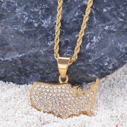 Fashion-Hip hop Iced out map of America shape Pendant Necklaces Stainless Steel fashion popular Hiphop Charm Necklace Jewellery gift323L