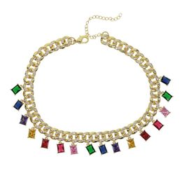 Luxury cuban link chain with Colourful baguette cz drop charm Rock hiphop wedding choker necklace for women statement necklace222v