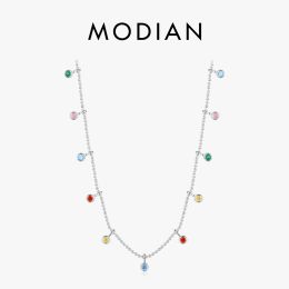 Necklaces Modian Sterling Sier Rainbow Colorful Zirconia Pendant Necklace Fashion Party Link Chain Choker for Women Fine Jewelry