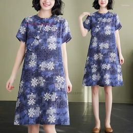 Ethnic Clothing 2024 Chinese Vintage Dress National Flower Print A-line Cotton Linen Qipao Traditional Improved Cheongsam Folk