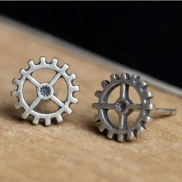 Charm Personality 100% 925 Sterling Silver Stud Earrings Steampunk Gear Shape Punk Rock Earrings Vintage Party Hip Hop Jewellery