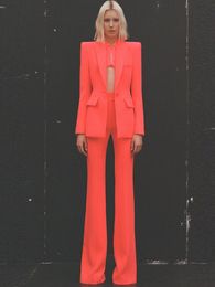 HIGH STREET Newest 2024 Spring Designer Career Fashion Suit Set Women's Single Button Slim Fit Blazer Flare Pants Suit Two Pcs