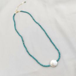 Necklaces Natural Gemstone Choker Necklace Real Turquoise Baroque Pearl Bohemian Necklace Boho Collier Femme 14K Gold Filled Women Jewellery
