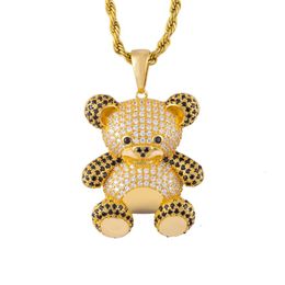 INS Hip Hop Necklace 18k Gold Plated Full CZ Bear Pendant Necklace with Rope Chain Necklace for Men Women Gift311k