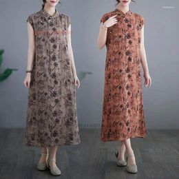 Ethnic Clothing 2024 Chinese Traditional Qipao National Flower Print Dress Retro Cotton Linen Cheongsam Oriental Vintage Folk Long