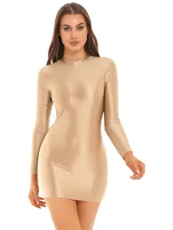 Casual Dresses Womens Oil Glossy Bodycon Dress Smooth Stretchy Tight Party Female Sexy Long Sleeve Mini Pencil Nightwear Clubwear