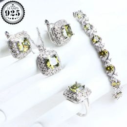 Sets Bridal 925 Sterling Silver Jewelry Sets Women Wedding Olive Green Zirconia Rings Bracelet Necklace Stone Earrings Set Gifts Box
