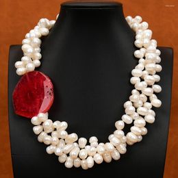 Choker G-G 3 Rows Freshwater Cultured White Keshi Pearl Necklace 20" Red Agate Chunk Connector Pendant Handmade Lady Jewelry Gifts