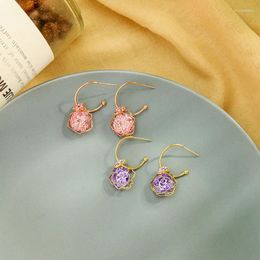 Dangle Earrings Uer Drop For Women Unique Pink Purple White Crystal Hollowed Brass Rose Flower Delicate Zircon Jewellery