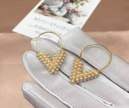 Vintage Essential Brand Designer Copper With 18k Gold Plated Full White Pearl Alphabet V Shape Dangle Earrings For Women Jewelry6211759