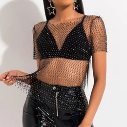 Sexy Womens T-shirt Fish Net Sparkling Rhinestone Short Sleeve Hollow Transparent Shirt Nightclub Carnival Party Y2K Street Clothing Top T-shirt 240226