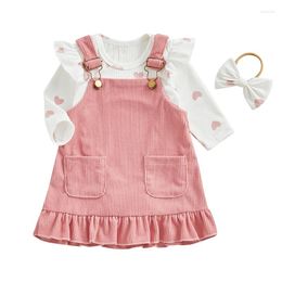 Clothing Sets Infant Girl Outfits Ruffle Sleeve Knit Ribbed Romper Suspender Skirt Headband Baby Girls Dress Clothes Set 3Pcs