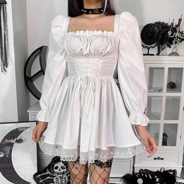 Casual Dresses Fashion Women Lolita Corset Dress Adults Tie-Up Solid Colour Square Collar Puff Sleeve Lace Club Party S M L