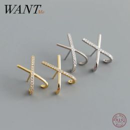 Charm WANTME 925 Sterling Silver Bohemia Punk Letter X Cross White Zircon Stud Earrings for Women Charms Party Rock Jewelry Gift 2021