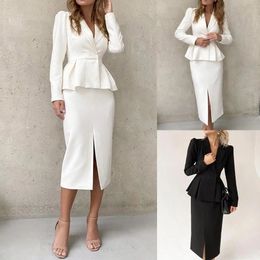 Stylish Profession Set Women Coat Crop Top And High Waist Bodycon Pencil Skirts Korean Slim Chic Office Lady Skirt Suits 240219