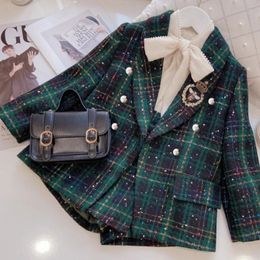 Fashion Baby Girl Clothes Set Autumn Spring Vintage Plaid Blazer Outwear Coat Shorts Childrens Clothing Outfits Suit 2pcs 2-7Y 240223