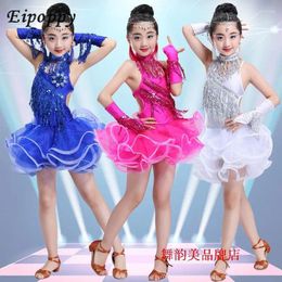 Stage Wear Children's Latin Dance Skirt Girls Sequins Costume Racing Suit Dress