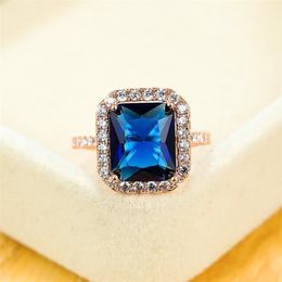 Wedding Rings Vintage Female Blue Crystal Stone Ring Luxury Rose Gold Colour For Women Promise Love Square Engagement Ring1238h