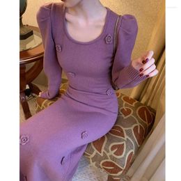 Casual Dresses Purple Long-sleeved 3D Flowers Elegant Knit Dress Women Bubble Sleeve Vintage Small Fragrance Fashion Sweet Black Long