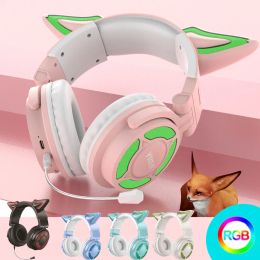 Headphones RGB Cat Ear Headphone Wireless Bluetooth 5.3 Headset with Detachable ENC Microphone HiFi Stereo Music Game Headphones Best Gift