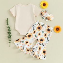 Clothing Sets Baby Girl Summer Outfits Mamas Letter Print Ribbed Knit Short Sleeve Rompers Leopard Flare Pants Headband