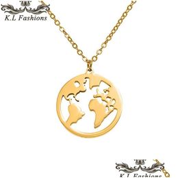 Pendant Necklaces Fashion Stainless Steel Necklace Pendant World Map Chains Statement Necklaces Sier Rose Gold Globe Travel Dhgarden Dhc9D