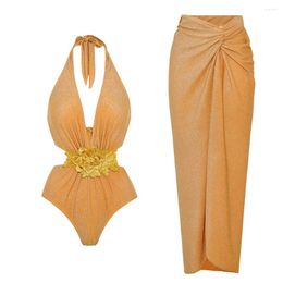 Women's Swimwear Golden Glossy One-piece Swimsuit Suit For Women With Halter Neck And Deep V Straps Simple High-end Swimming Style