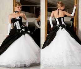 Vintage viktorianisches Schwarz-Weiß-Ballkleid, Übergröße, Gothic-Hochzeitskleid, Brautkleider, rückenfreies Korsett, Sweep-Zug, Satin, formell, D5396747