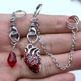 Dangle Earrings The Beating Heart Asymmetrical Cuff Chain Ear Clip Jewelry Gift Witchy Gothic Vampire Spooky Boho Bohemian