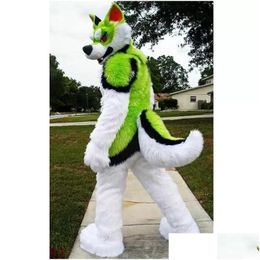 Mascot Costumes 2022 Long Fur Green White Husky Dog Costume High Quality Cartoon Theme Character Adts Size Christmas Carnival Birthd Dhkb4