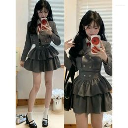 Work Dresses Girl Preppy Style Suit Women's Autumn Short Double Breasted Coat Shirt Slim High Waist Fluffy Skirt Fashion Three-piece Set