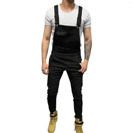 Men's Jeans Stylish Men Streetwear Overalls Solid Colour Slim Fit Bib Jumpsuits Male Casual All-Match Strap Denim Pants