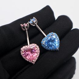 Chains MIQIAO Navel Belly Button Piercing 925 Sterling Silver Heart Navel Nail Blue Pink Zircon 6 8 10 12MM Length Bodys Jewellery Sexy