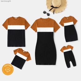 Family Matching Outfits Pa Family Matching Outfits Cotton Short-sleeve Colorblock Rib Knit Mock Neck Bodycon Dresses and Tops Short-sleeve Tee Sets