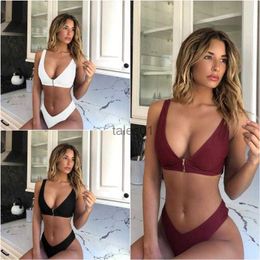 Women's Swimwear Women Solid Sexy Push-Up Padded High Waist High Cut zipper Swimwear 240226