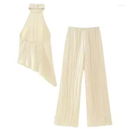 Women's Two Piece Pants Women Fashion Sets Summer Irregular Hem Sheath Halter Neck Strap Tops With Folds Textured Wide Leg