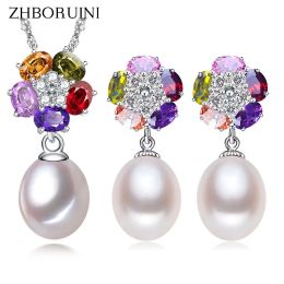 Sets ZHBORUINI 2019 Pearl Jewellery sets Natural Freshwater Pearl 925 Sterling Silver Colour Flower Earrings Pendants For Women Gift