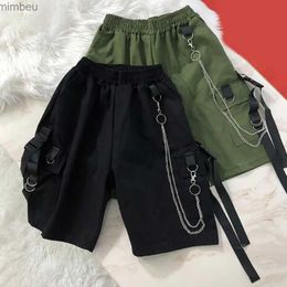 Men's Shorts Men Shorts Multi Pockets Chain Strap Decor Casual Shorts Mid-Rise Elastic Waistband Male Shorts Knee Length Men Cargo Short 240226