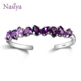 Bangles Sterling Silver 925 Bangle For Women Fine Jewellery Bracelet Purple WaterDrop Pear Amethyst Wedding Valentine Day Gift Adjustable