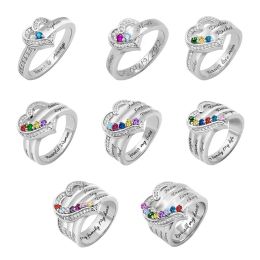 Rings Personalised Heart Engraved Name with Birthstone Rings Sterling Sier Fashion Jewellery Birthday Gifts for Women Girl Family