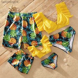 Family Matching Outfits Family Matching Swimsuit Multiple Colors Tropical Fruit Print Splicing V Neck Split Style Swimsuit Summer Swim Trunks Shorts