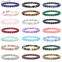 Beaded Natural Stone Round Beads Bracelet For Women Men Healing Crystal Amethyst Rose Quartz Aquamarines Jade Elastic Bangle Jewelry YQ240226