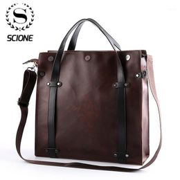 Scione Men's Briefcase Crazy horse PU Leather Handbag Business office File bag Vintage Messenger Bags Casual work Tote1227P