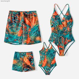 Family Matching Outfits Pa Family Matching Leaf Print One-piece Spaghetti Strap Swimsuit or Swim Trunks