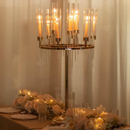 only use led candle)90cm to 120cm)Gold 9 Arm Round Cluster Taper Candelabra TableCenterpieceMetal Candlestick Holder Arrangement with Clear acrylic cylinder Shade