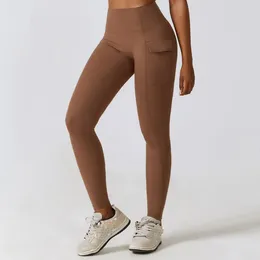 Women's Leggings Sporty Women Pants High Waist Pocket Fitness Tights Push Up Lycra For Gym Woman Brown Beige Black Body Clothing