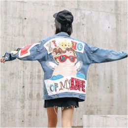 Womens Jackets Indie Designs Denim Jacket Women Lapel Single Breasted Loose Cowboy Korean Little Angel Aesthetic Outwears Drop Deliver Oth1Z