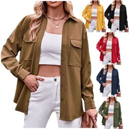 Women's Blouses 2024 Autumn/Winter European And American Casual Fashion Double Pocket Loose Long Sleeve Solid Colour Shirt