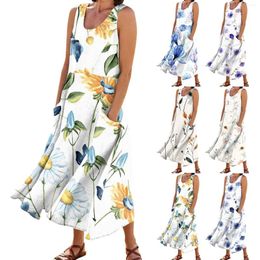 Casual Dresses Women's Fashion Sleeveless Dress Cotton Linen Floral Printed Small Pocket Youthful Temperament Vestidos Midi